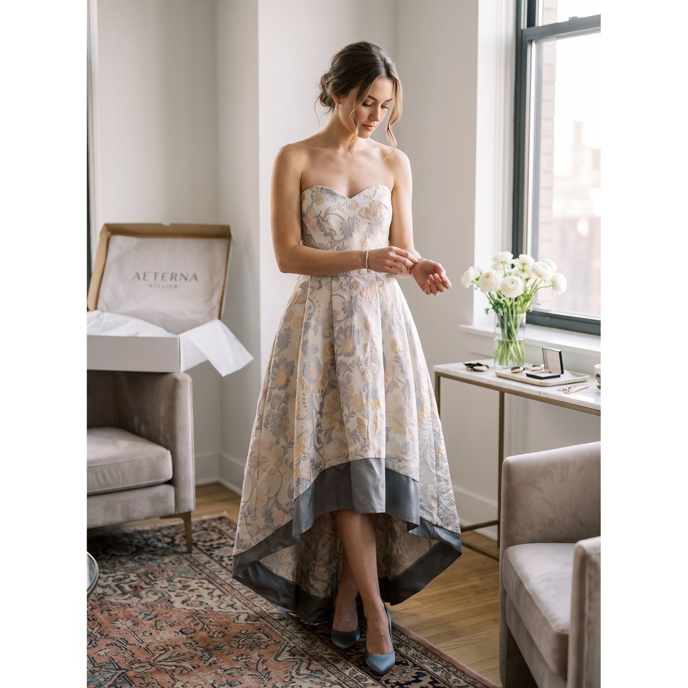 Homecoming Chi Chi London Metallic Floral Brocade High Low Strapless Dress 8
